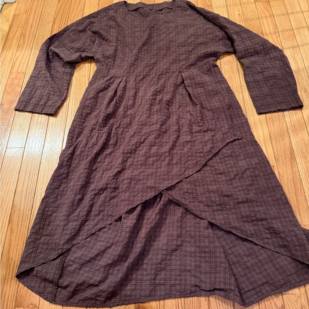 Elegant Brown Long Sleeve Lagenlook Cotton Linen Dress